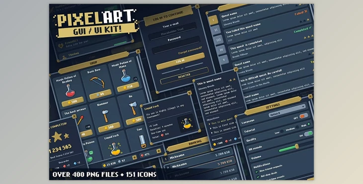 Download Unity Assets - Pixel Art GUI / UI Kit - over 400 PNG + 151 icons! v1.1