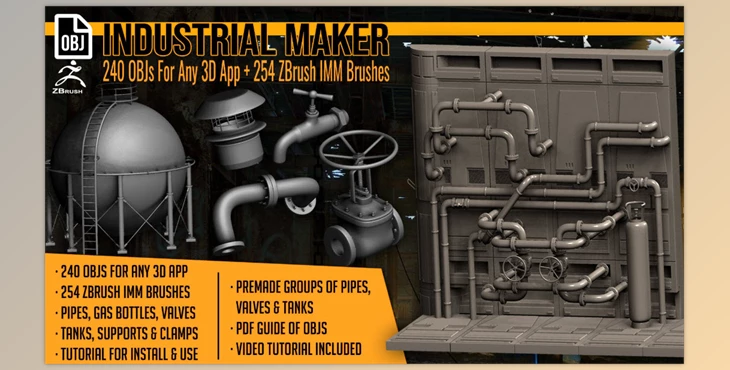 Download Artstation - Industrial Maker 240 OBJs and 254 ZBrush IMM Brushes