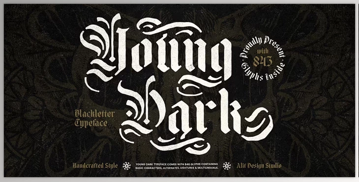 FONTSPRING - Download Young Dark Typeface: Bold Blackletter Stencil Font