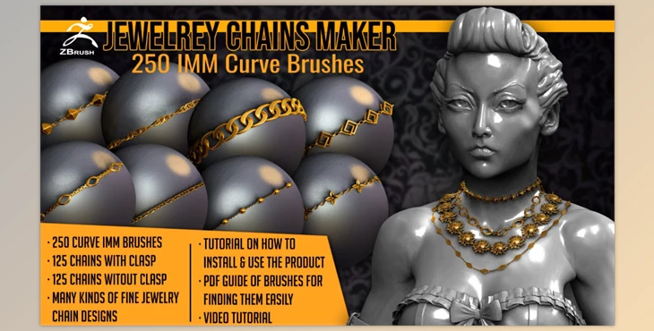 Artstation - Download Jewelry Chains Maker 250 ZBrush Curve IMM Brushes for ZBrush