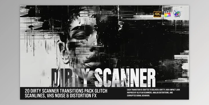 Download 20-Dirty Scanner Transitions Pack – Glitch Scanlines, VHS Noise & Distortion FX For FCPX (Videohive 60919163)